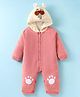 Yellow Apple Knit Full Sleeves Front Open Hooded Romper with Bear Embroidery - Coral