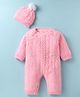 Yellow Apple Knit Full Sleeves Solid Romper With Cable Knit Design & Cap - Pink
