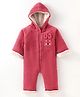 Yellow Apple Knit Full Sleeves Winter Wear Hooded Romper With Animal Applique - Red