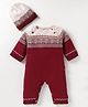 Yellow Apple Knit Full Raglan  Sleeves Winter Wear Romper & Cap Set with Aztec Design - Maroon