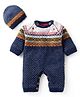 Yellow Apple Knit Full Raglan Sleeves Designed Winter Wear Romper & Cap Set - Navy Blue