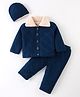 Yellow Apple Knit Full Sleeves Front Open Sweater Set with Cap Cable Knit Design - Airforce Blue