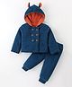 Yellow Apple Knitted Full Sleeves Solid Colour Hooded Sweater Set with Ears Applique - Blue