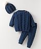 Yellow Apple Wool Knitted Full Sleeves Solid Colour Pullover Sweater Set With Cable Knit Design & Cap - Navy Blue