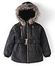 Yellow Apple Woven Full Sleeves Padded Hooded Solid Colour Jacket - Black
