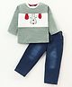 Wonderchild Fleece Full Sleeves Dog Printed Textured Tee With Mild Washed Pant - Green