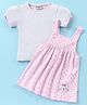 Wonderchild Polka Dots Printed Cat Patch Detailed Dungaree Dress With Half Sleeves Solid Top - Pink & Grey