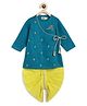 Tiber Taber Full Sleeves Peacock Feathers Foil Printed Angrakha Style Kurta With Dhoti - Blue
