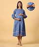 Ikk Kudi by Seerat Cotton Three Fourth Sleeves Floral Printed Maternity Dress With Concealed Zipper Nursing Access - Blue