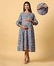 Ikk Kudi by Seerat Cotton Three Fourth Sleeves Floral Printed Maternity Dress With Concealed Zipper Nursing Access - Turquoise