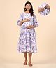 Ikk Kudi by Seerat Cotton Three Fourth Sleeves Floral Printed Maternity Dress With Concealed Zipper Nursing Access - Purple & White