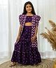 Fairies Forever Silk & Chinon Floral Printed Inner & Half Puffed Sleeves Lace & Sequins Embellished Long Jacket & Coordinating Sharara Set - Purple