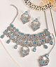 VALLEY OF JEWELLERY - Silver Plated Designer AD Studded Necklace With Earrings And Mangtikka - Light Blue