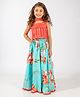 Elaisha Sleeveless Ruffle Detailed Top & Floral Printed Skirt With Dupatta Set - Coral & Turquoise