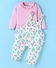 WOW Interlock Knit Full Sleeves Solid Color Frill Detailed T-Shirt with Floral Printed Dungaree - Pink