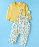 WOW Interlock Knit Full Sleeves Solid Color Frill Detailed T-Shirt with Floral Printed Dungaree - Lemon Yellow
