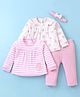 WOW Clothes Interlock Knit Full Sleeves Striped & Bear Printed Tops & Leggings Set with Headband - Pink