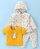 Wow Clothes Cotton Knit Full Sleeves Birds Printed Hooded Top With Inner Tee & Lounge Pants - Matte Gold