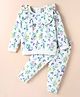 WOW Clothes Looper Knit Full Sleeves Night Suit Floral Print & Frill Detailing - Cream & Violet