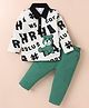 Wow Clothes Cotton Woven Full Sleeves Polo T-Shirt & Trouser Pants Set With Text & Teddy Print - White & Green