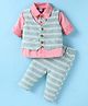 WOW Clothes Cotton Woven Full Sleeves Striped 3 Piece Party Suit With Bow Applique - Green