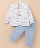 Wow Clothes Cotton Woven Full Sleeves Vehicles Printed Shirt With Inner Tee & Trouser Pants - White & Sky Blue