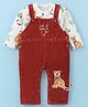 WOW Cothes Interlock Knit Full Sleeves Animal Printed T-Shirt & Dungaree Style Romper with Patch - Maroon