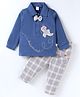WOW Clothes Knit Full Sleeves Collared  Aeroplane Embroidered T-Shirt & Checkered Lounge Pant with Attached Bow - Light Grey