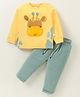 Wow Clothes Cotton Knit Full Sleeves T-Shirt & Woven Lounge Pants Set With Giraffe Applique - Gold & Teal