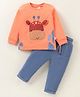 Wow Clothes Cotton Knit Full Sleeves T-Shirt & Woven Lounge Pants Set With Giraffe Applique - Gold & Teal