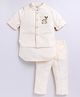 LITTLE COLLARS Full Sleeves Animal Embroidered Printed Kurta Pyjama & Jacket Set - Cream