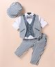 Robo Fry Lycra Knit Full Sleeves Striped 3 Piece Party Suit With Bow & Hat - Grey