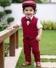 Robo Fry Lycra Knit Full Sleeves Printed 3 Piece Party Suit with Bow & Hat - Maroon