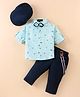 Robo Fry Cotton Woven Full Sleeves Beach Theme Printed Shirt & Trouser Set with Hat Bow & Suspender - Sea Green