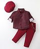 Robo Fry Cotton Knit Full Sleeves Striped Shirt & Trouser Set with Hat Bow & Suspender - Maroon