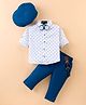 Robo Fry Cotton Woven Full Sleeves Printed Shirt & Trouser Set with Hat Bow & Suspender - White & Blue