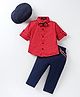 Robo Fry Cotton Woven Full Sleeves Party Shirt & Trouser Set with Bow Hat & Suspender & Polka Dot Print - Red & Blue