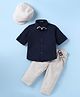 Robo Fry Cotton Woven Full Sleeves Solid Shirt & Trouser Set With Hat Bow & Suspender - Navy Blue