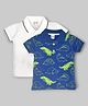 Kiwi 100% Cotton Pack Of 2 Half Sleeves Solid & Dinosaurs Printed Polo Tees - White & Blue
