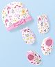 Babyhug 100% Cotton Cap Mittens & Booties With Bow Applique & Floral Design Pink - Diameter 9 cm