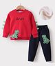 Kookie Kids Full Sleeves Winter Wear T-Shirt & Lounge Pant Set with Dino Applique - Red & Navy Blue