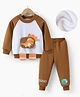 Kookie Kids Full Raglan Sleeves Winter T-Shirt & Lounge Pant Set With Dino Applique - Brown