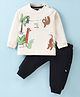 Mini Taurus Cotton Knit Full Sleeves T-Shirt & Lounge Pants Set With Animals Print - Cream
