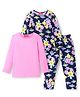Pspeaches Pack Of 2 Cotton Woven Full Sleeves Solid & Floral Printed Tees With Coordinating Pajama Set - Navy Blue