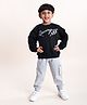 Kiddopanti Fleece Full Sleeves Racing Text Printed Sweatshirt With Track Pants - Jet Black & Grey Melange
