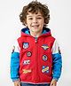 Babyhug Fleece Knit Full Sleeves Hooded Front Open Cut & Sew Designed Sweatjacket with  Text Print & Badge Detailing - Blue & Red