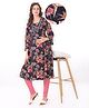 Bella Mama Woven Three Fourth Sleeves Floral Printed Maternity Kurta with Pocket - Navy Blue White  & Pink