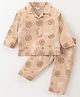 Teddy Sinker Knit Full Sleeves Front Open Night Suit With Animals Print - Light Brown
