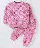 Teddy Fleece Knit Winter Night Suit with Hearts Print - Pink