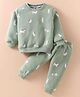 Teddy Fleece Full Sleeves Winter Wear Night Suit With Cat Theme Print - Olive Green